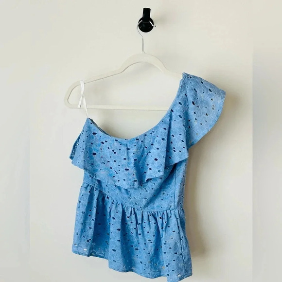 J.O.A. One-Shoulder Blue Eyelet Ruffle Blouse - Size S - NWT - Picture 9 of 11